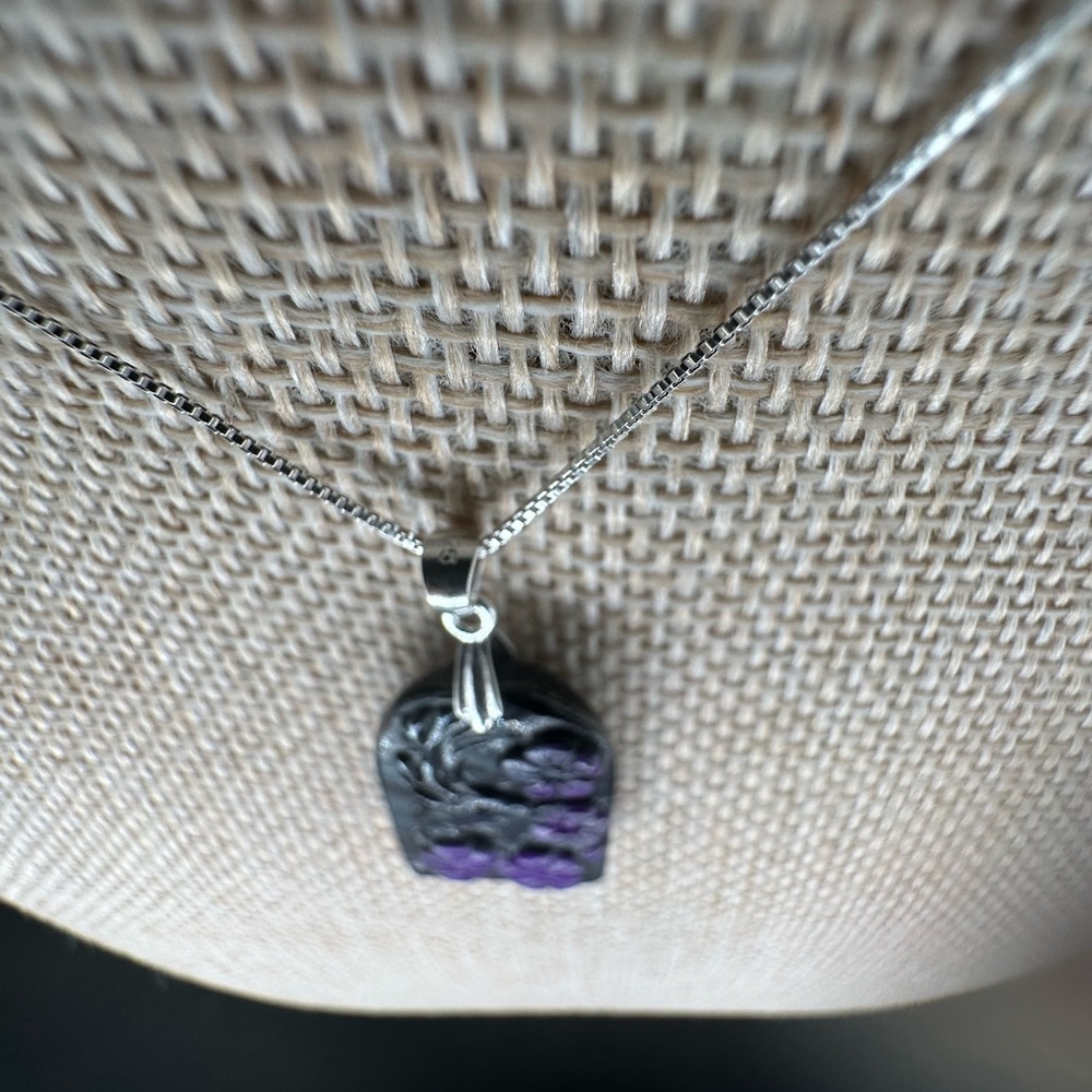 Arch Shaped Deer and Flowers Sugilite Pendant on Sterling Silver Box Chain - Picture 9 of 16